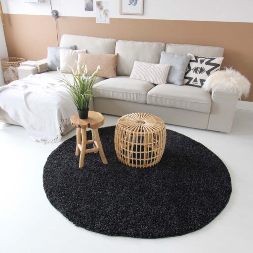 Hoogpolig vloerkleed shaggy Trend effen rond - antraciet - sfeer, thumbnail