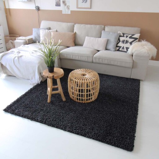 Hoogpolig vloerkleed shaggy Trend effen - antraciet - sfeer, thumbnail