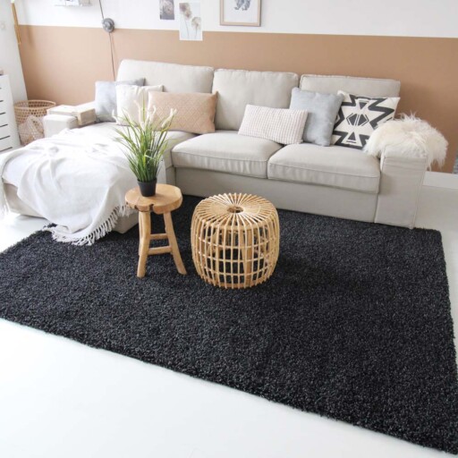 Hoogpolig vloerkleed shaggy Trend effen - antraciet - sfeer, thumbnail