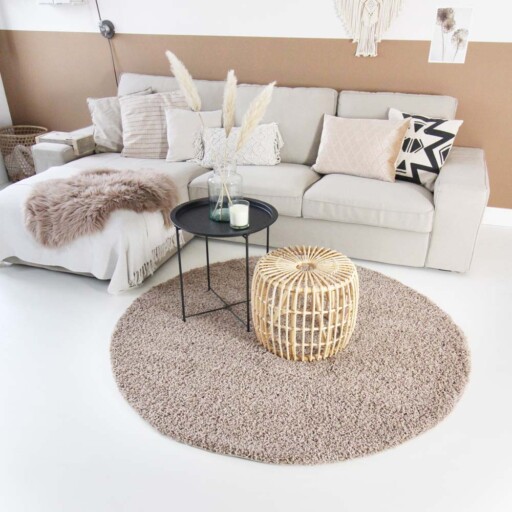 Hoogpolig vloerkleed Shaggy Trend effen rond - beige - sfeer, thumbnail
