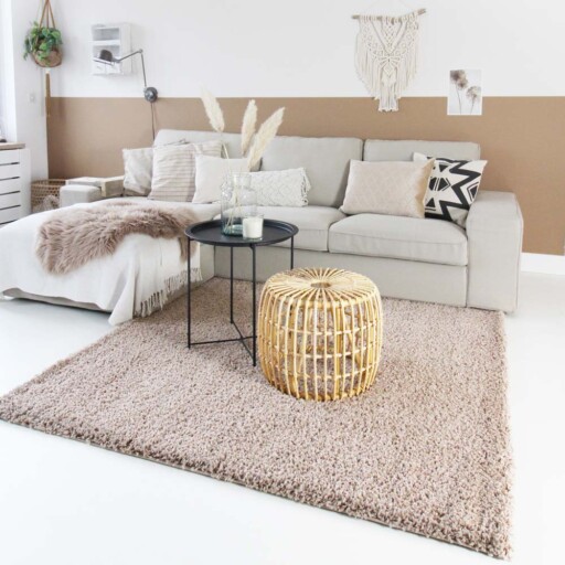 Hoogpolig vloerkleed shaggy Trend effen - beige - sfeer, thumbnail