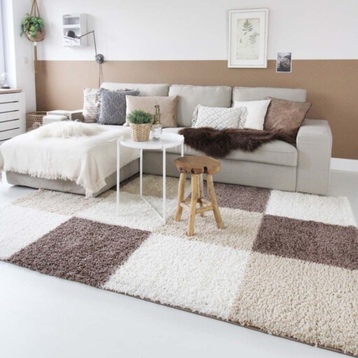Hoogpolig vloerkleed shaggy Trend blokken - mokka - sfeer, thumbnail