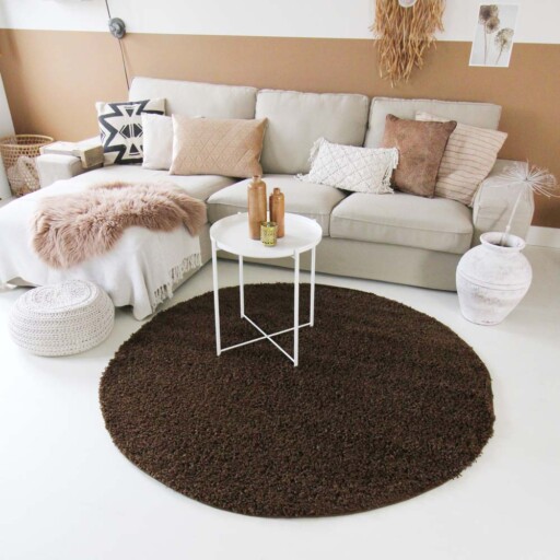 Hoogpolig vloerkleed shaggy Trend effen rond - bruin - sfeer, thumbnail