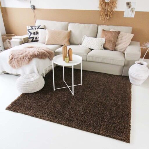 Hoogpolig vloerkleed shaggy Trend effen - bruin - sfeer, thumbnail