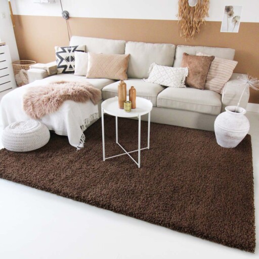 Hoogpolig vloerkleed shaggy Trend effen - bruin - sfeer, thumbnail