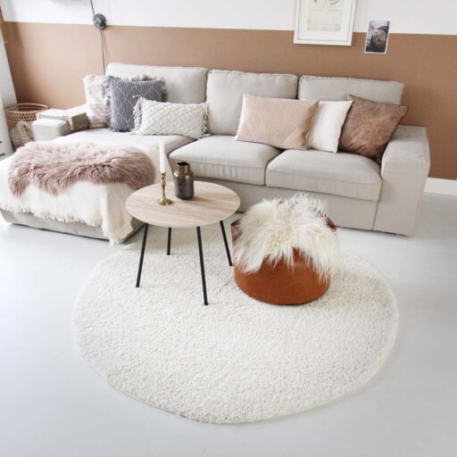Hoogpolig vloerkleed shaggy Trend effen rond - crème - sfeer, thumbnail