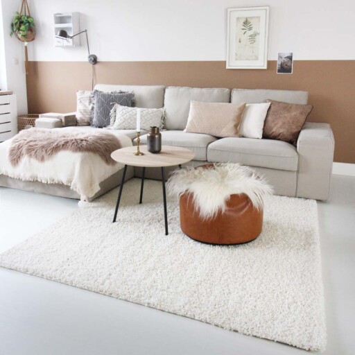 Hoogpolig vloerkleed shaggy Trend effen - crème - sfeer, thumbnail