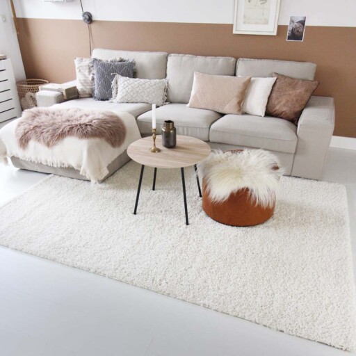 Hoogpolig vloerkleed shaggy Trend effen - crème - sfeer, thumbnail