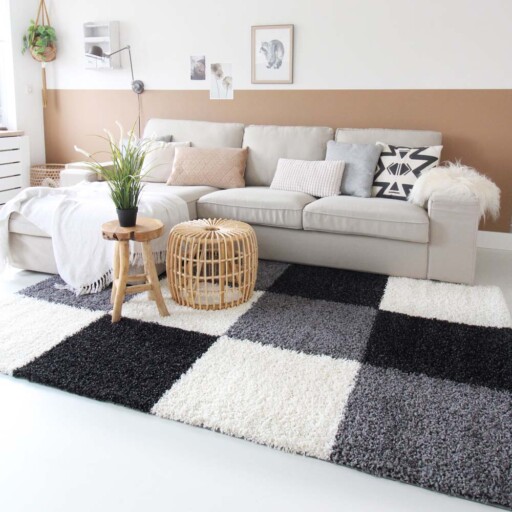 Hoogpolig vloerkleed shaggy Trend blokken - antraciet - sfeer, thumbnail