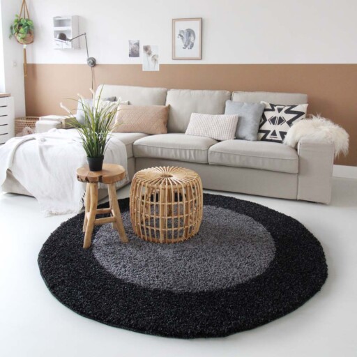 Hoogpolig vloerkleed shaggy Trend lijstmotief rond - antraciet - sfeer, thumbnail