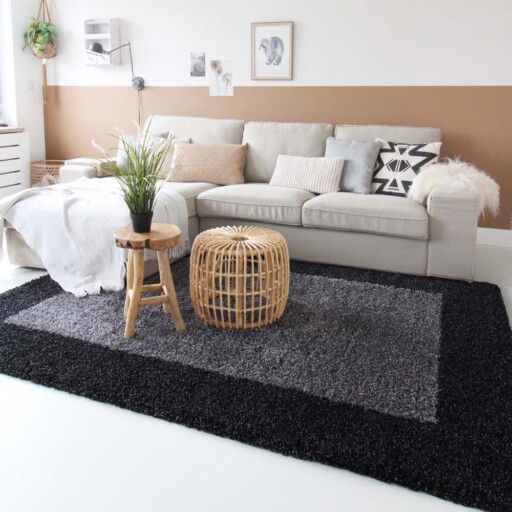 Hoogpolig vloerkleed shaggy Trend lijstmotief - antraciet - sfeer, thumbnail