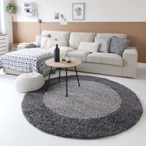 Hoogpolig vloerkleed shaggy Trend lijstmotief rond - grijs - sfeer, thumbnail