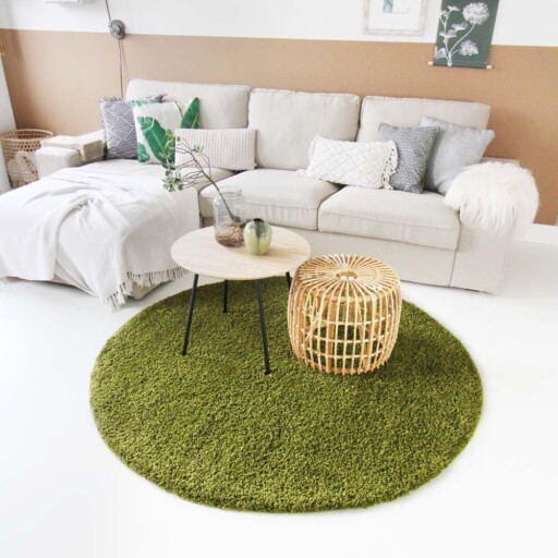 Hoogpolig vloerkleed shaggy Trend effen rond - groen - sfeer