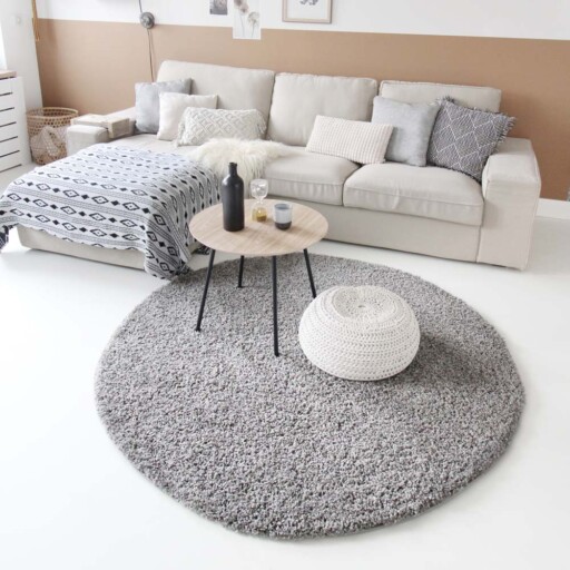 Hoogpolig vloerkleed shaggy Trend effen rond - lichtgrijs - sfeer, thumbnail