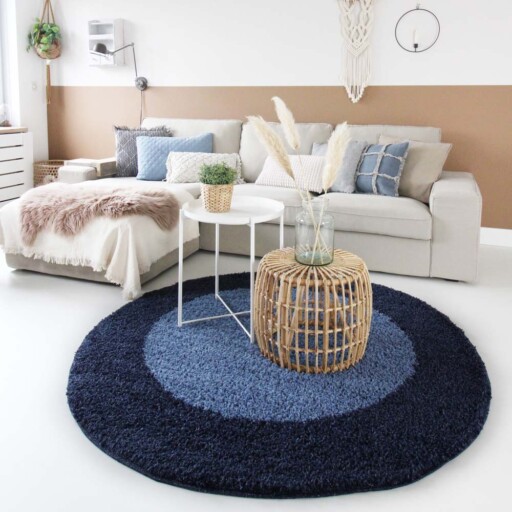 Hoogpolig vloerkleed shaggy Trend lijstmotief rond - blauw - sfeer, thumbnail