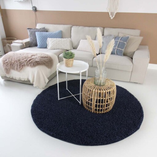 Hoogpolig vloerkleed shaggy Trend effen rond - marine blauw - sfeer, thumbnail