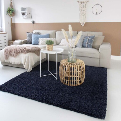Hoogpolig vloerkleed shaggy Trend effen - marine blauw - sfeer, thumbnail