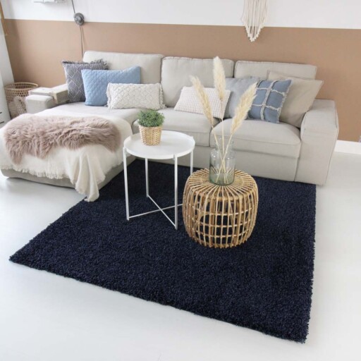 Hoogpolig vloerkleed shaggy Trend effen - marine blauw - sfeer, thumbnail