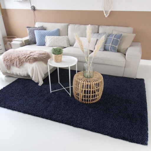 Hoogpolig vloerkleed shaggy Trend effen - marine blauw - sfeer, thumbnail