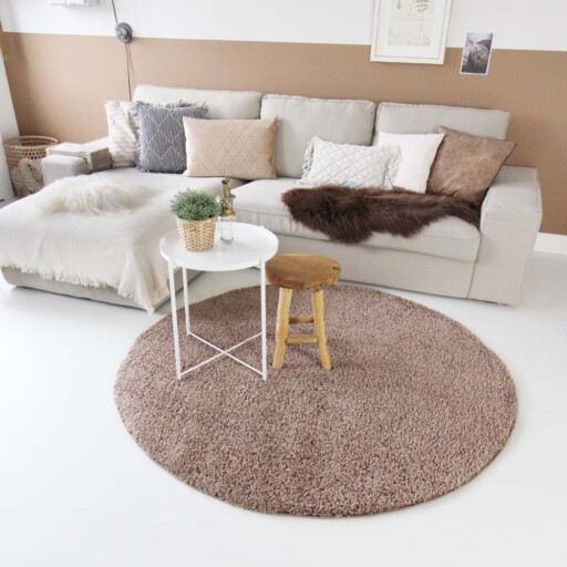 Hoogpolig vloerkleed shaggy Trend effen rond - mokka - sfeer, thumbnail