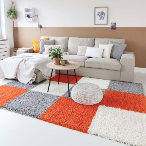 Hoogpolig vloerkleed shaggy Trend blokken - oranje - sfeer, thumbnail