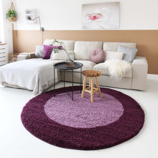 Hoogpolig vloerkleed shaggy Trend lijstmotief rond - paars - sfeer, thumbnail