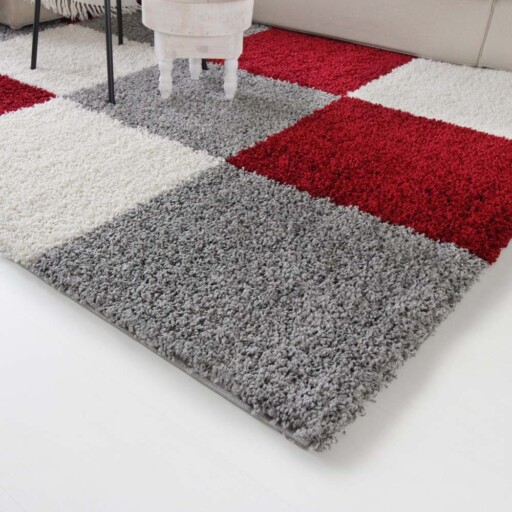 Hoogpolig vloerkleed shaggy Trend blokken - rood - close up hoek