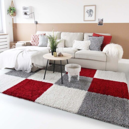 Hoogpolig vloerkleed shaggy Trend blokken - rood - sfeer, thumbnail