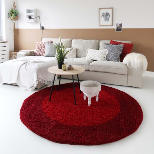 Hoogpolig vloerkleed shaggy Trend lijstmotief rond - rood - sfeer, thumbnail