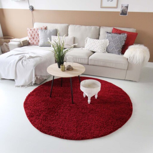 Hoogpolig vloerkleed shaggy Trend effen rond - rood - sfeer