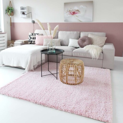 Hoogpolig vloerkleed shaggy Trend effen - lichtroze - sfeer, thumbnail