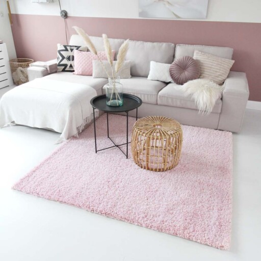 Hoogpolig vloerkleed shaggy Trend effen - lichtroze - sfeer, thumbnail
