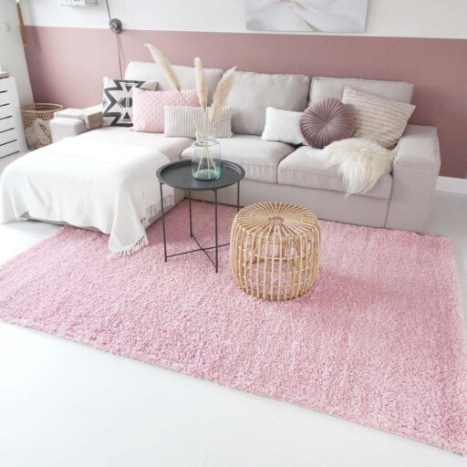 Hoogpolig vloerkleed shaggy Trend effen - lichtroze - sfeer, thumbnail