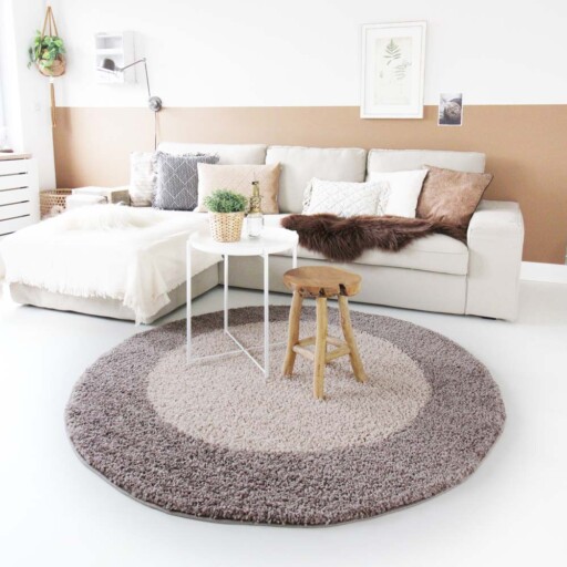 Hoogpolig vloerkleed shaggy Trend lijstmotief rond - taupe - sfeer, thumbnail