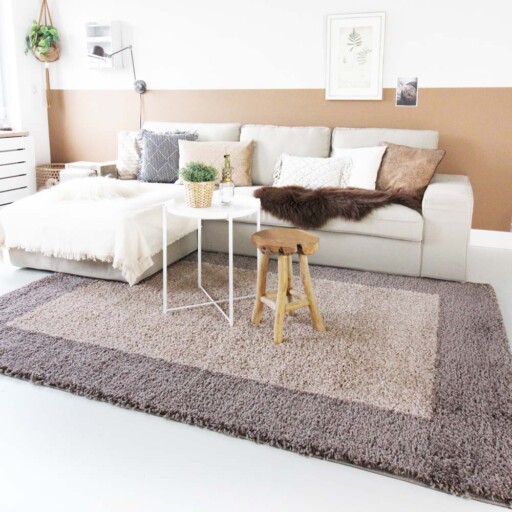 Hoogpolig vloerkleed shaggy Trend lijstmotief - taupe - sfeer, thumbnail