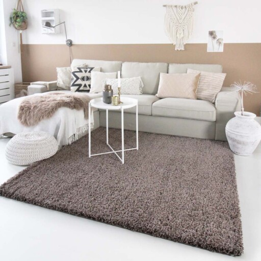 Hoogpolig vloerkleed shaggy Trend effen - taupe - sfeer, thumbnail