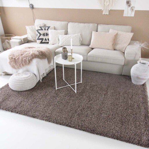 Hoogpolig vloerkleed shaggy Trend effen - taupe - sfeer, thumbnail