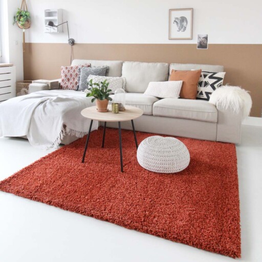 Hoogpolig vloerkleed shaggy Trend effen - terracotta - sfeer, thumbnail