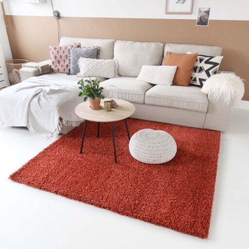 Hoogpolig vloerkleed shaggy Trend effen - terracotta - sfeer, thumbnail