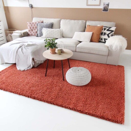Hoogpolig vloerkleed shaggy Trend effen - terracotta - sfeer, thumbnail