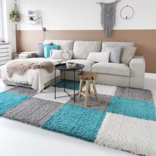Hoogpolig vloerkleed shaggy Trend blokken - turquoise - sfeer, thumbnail