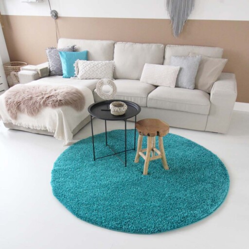 Hoogpolig vloerkleed shaggy Trend effen rond - turquoise - sfeer, thumbnail