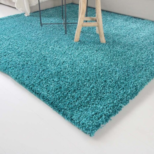 Hoogpolig vloerkleed shaggy Trend effen - turquoise - close up hoek, thumbnail