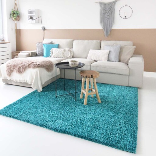 Hoogpolig vloerkleed shaggy Trend effen - turquoise - sfeer, thumbnail