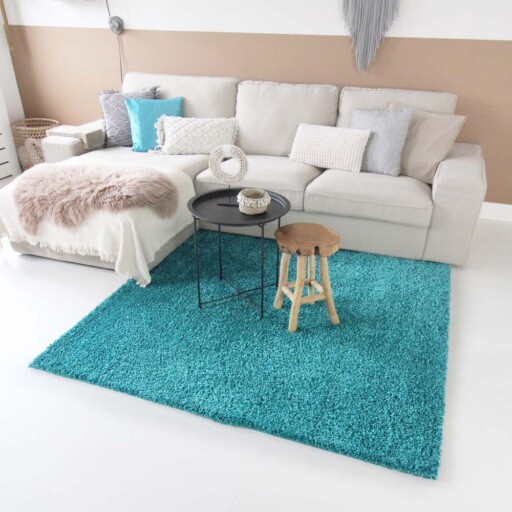 Hoogpolig vloerkleed shaggy Trend effen - turquoise - sfeer, thumbnail