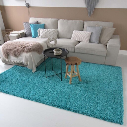 Hoogpolig vloerkleed shaggy Trend effen - turquoise - sfeer, thumbnail