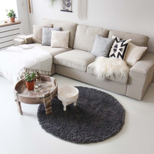 Hoogpolig rond vloerkleed shaggy Royal 5cm hoogte - grijs - sfeer