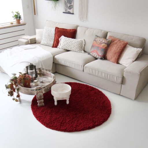 Hoogpolig rond vloerkleed shaggy Royal 5cm hoogte - rood - sfeer