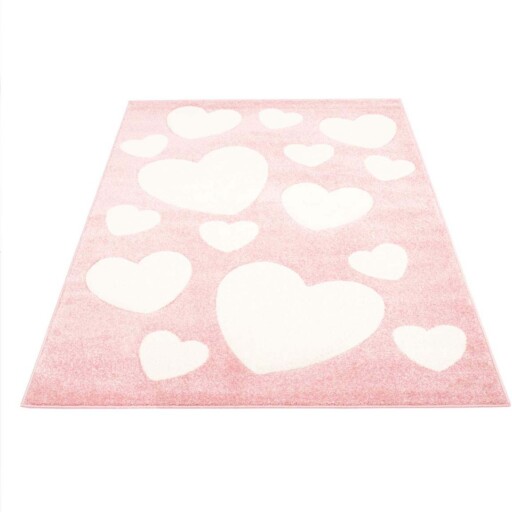 Vloerkleed kinderkamer Hartjes 3D - roze/crème - overzicht schuin, thumbnail