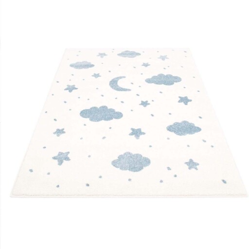Vloerkleed kinderkamer Wolk & Ster 3D - crème/blauw - overzicht schuin, thumbnail